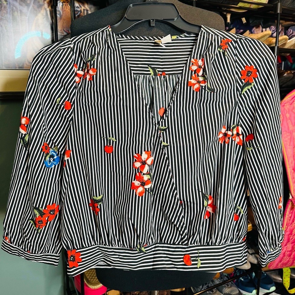 Japna Striped Floral Cropped Blouse Red Blue Floral Accents Size Medium